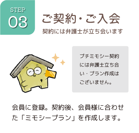 03ご契約・ご入会
会員に登録。契約後、会員様に合わせた「ミモシープラン」を作成します。
※契約には弁護士が立ち会います。